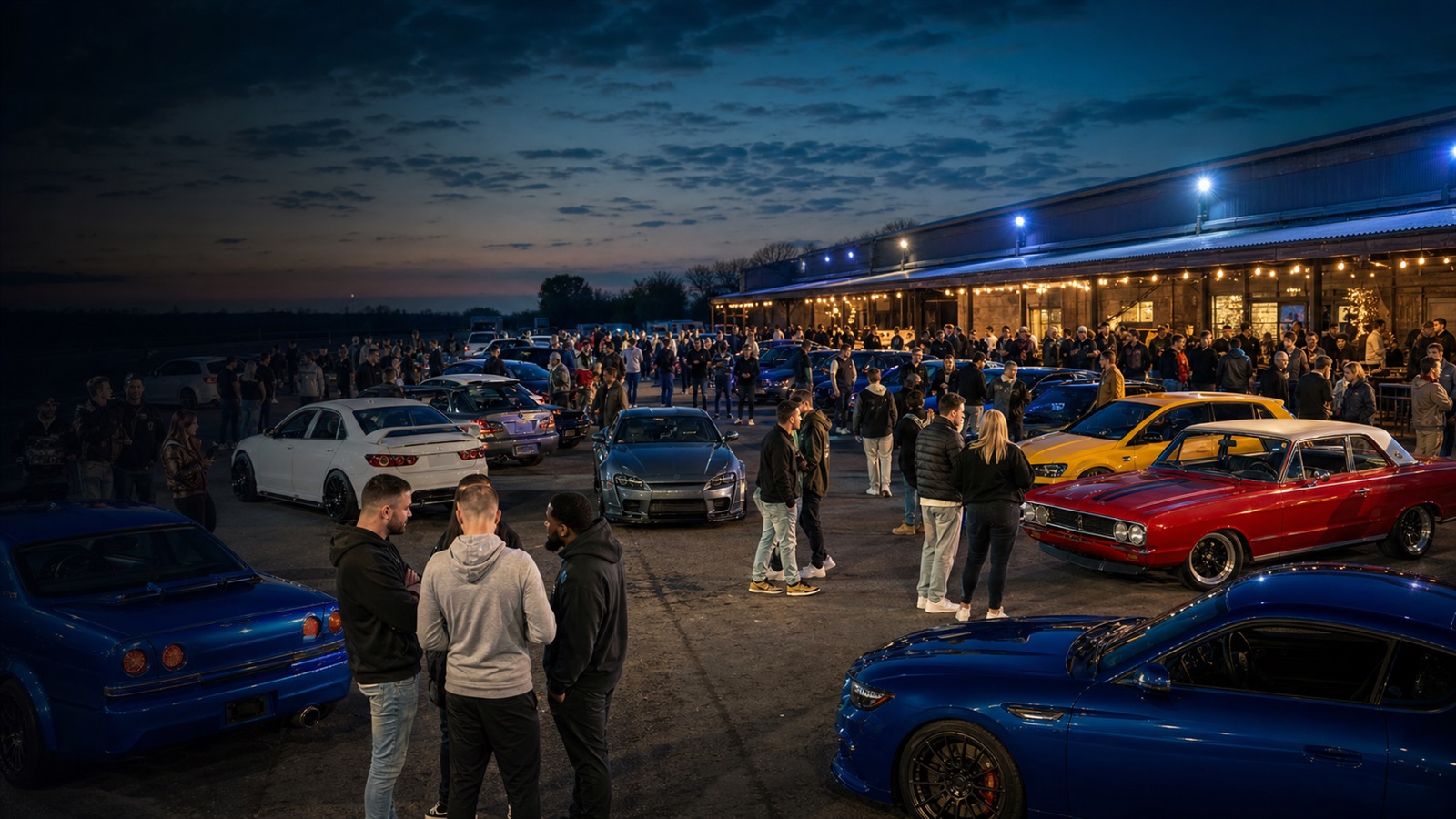Cars gathering at an enthusiast event promoted by What's That Car Club